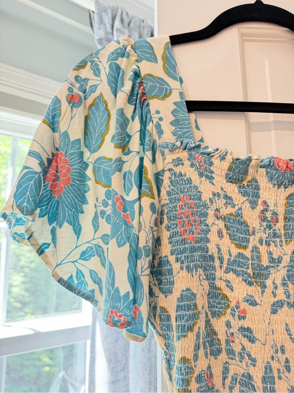 Angie Cream Mini Dress with Teal and Coral Floral Print - Picture 3 of 7
